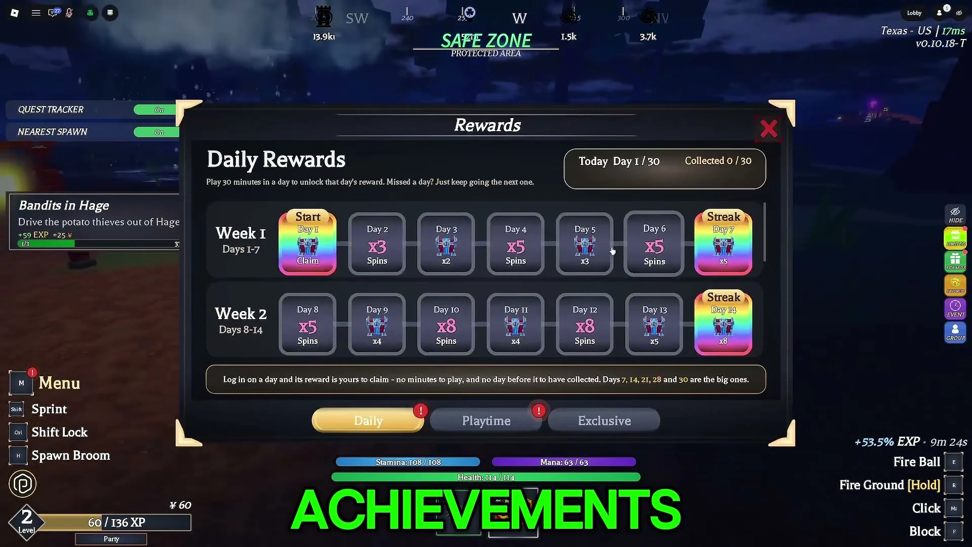 Daily rewards tab showing day cards and a separate Playtime tab.