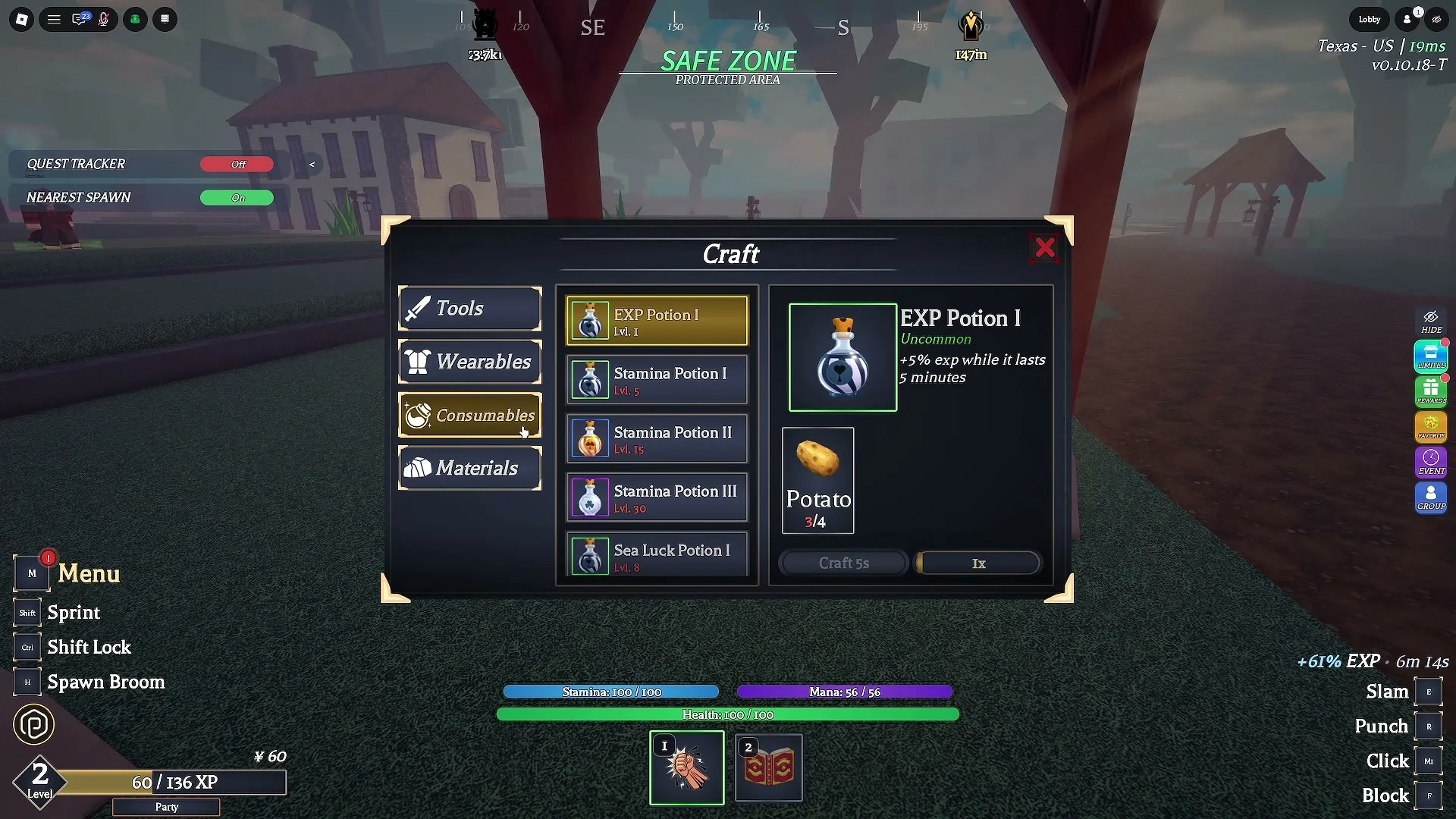 EXP Potion I crafting recipe and five-minute EXP boost description.