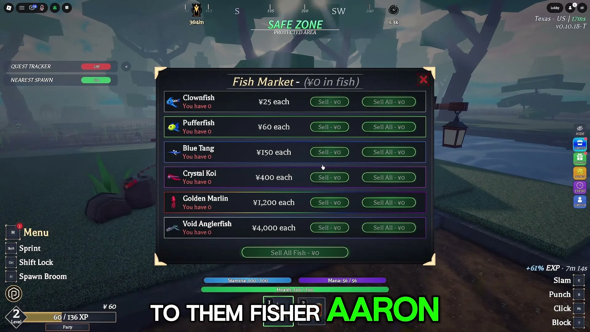 The Fish Market lists Clownfish, Pufferfish, Blue Tang, Crystal Koi, Golden Marlin, and Void Anglerfish. Each row has Sell and Sell All controls, and there is a Sell All Fish button at the bottom.