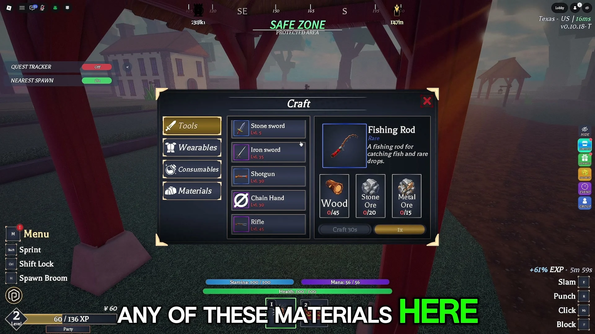 Fishing Rod crafting recipe with wood, stone ore and metal ore requirements.