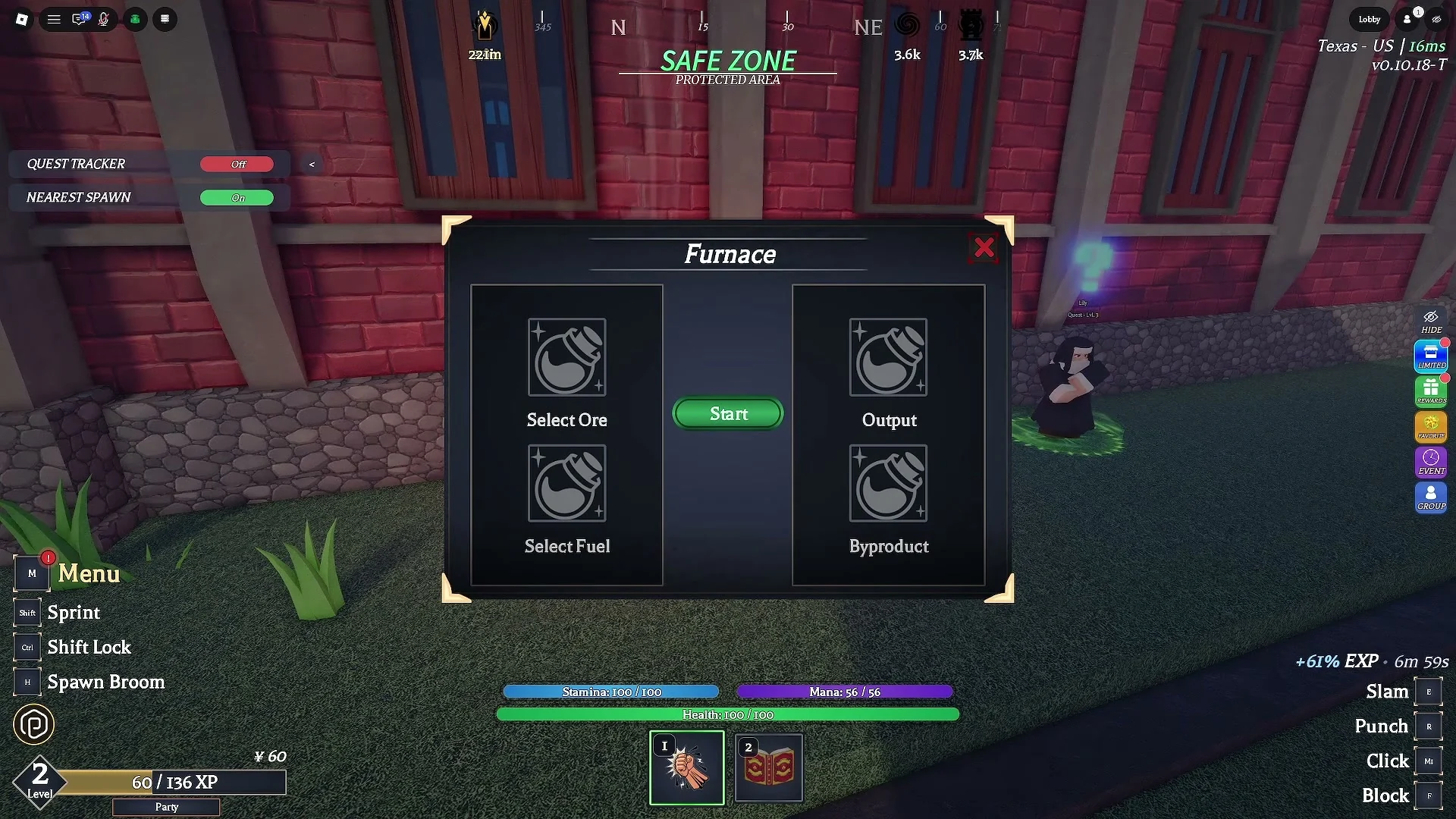 Empty Furnace panel with ore and fuel input slots and output areas.