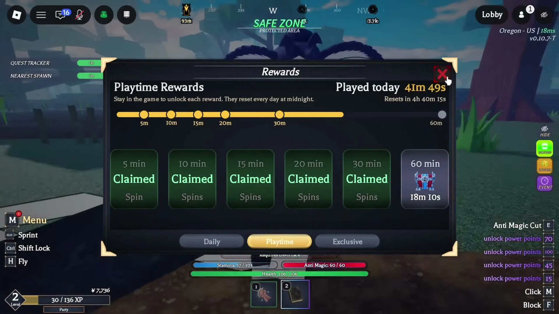 Playtime is selected. The first five milestone cards show Claimed and Spin or Spins; the 60 minute card shows a chest icon and a countdown. Text says these rewards reset every day at midnight.