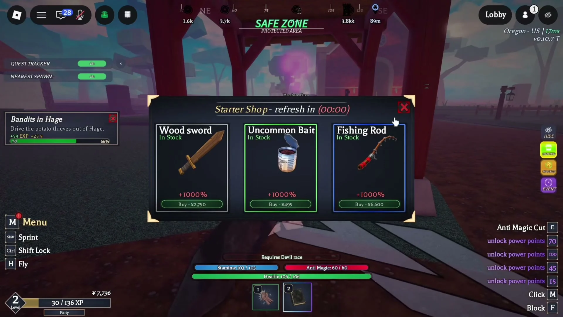 Three in-stock cards display Wood sword, Uncommon Bait, and Fishing Rod. Each card also shows a red +1000% modifier and a buy price.