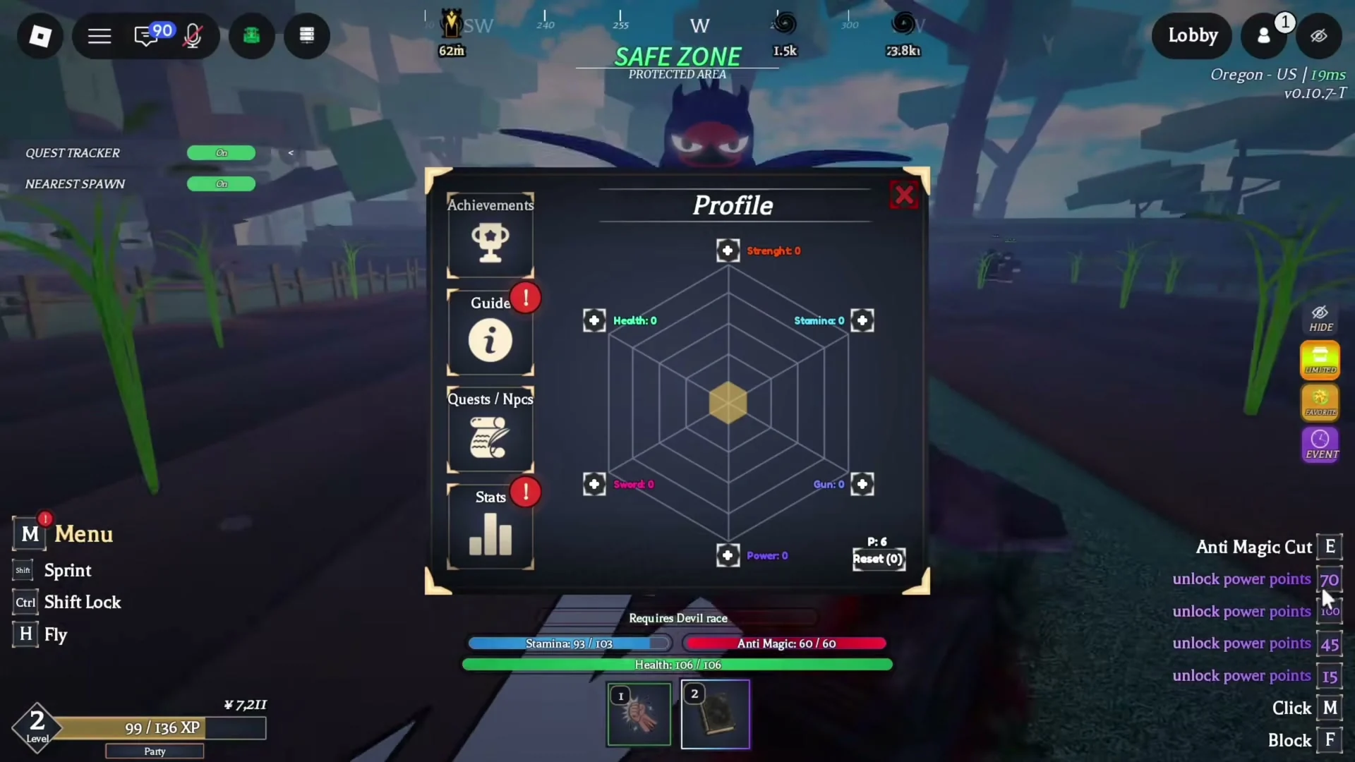 Six labelled stats surround a hexagonal chart, each with a plus button. The lower corner shows P: 6 and Reset (0).
