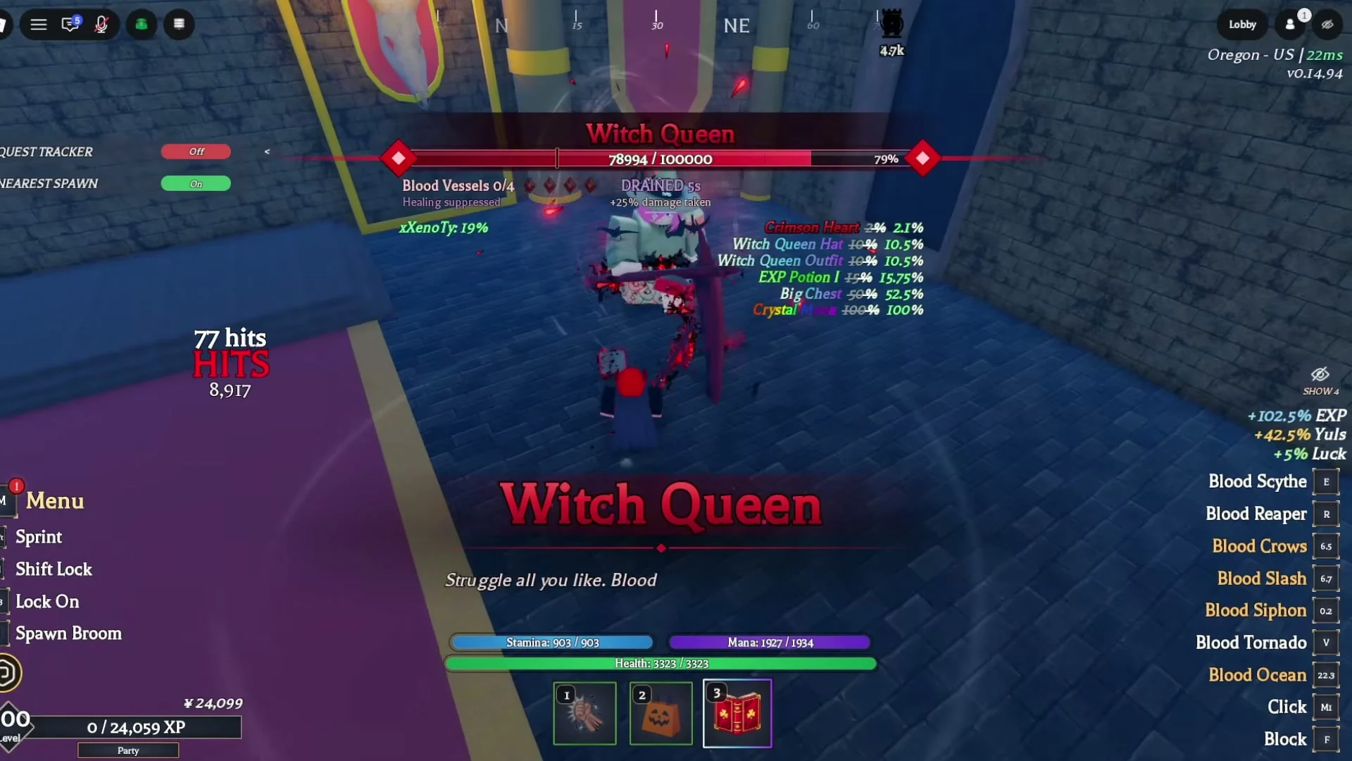 The boss panel reads Blood Vessels 0/4, Healing suppressed, DRAINED 5s, and +25% damage taken. The reward list includes Crimson Heart, Witch Queen Hat, Witch Queen Outfit, EXP Potion I, Big Chest, and Crystal Mana.